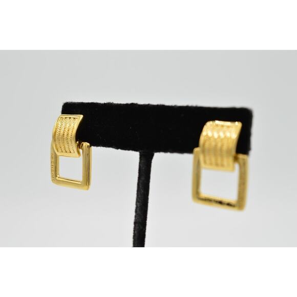 Givenchy Vintage Logo Earrings Gold Belt Buckle Dangle Square Runway Signed BinH - Picture 4 of 9